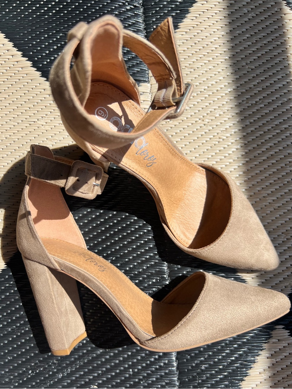 Ocho Toros Taupe Ankle Strap Chunk Heels